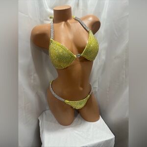 Npc competition bikini Suit 34B size small handmade item all rhinestone yellow